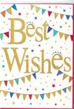 In this image, a celebratory Best Wishes card is presented with the bright, uplifting feel of a Hertford street on a sunny market day. Dominating the centre are the words Best Wishes, written in bold, cursive gold lettering that seems to glow against the crisp white background. The script is slightly raised and dusted with fine glitter, catching the light like tiny flecks of sunshine and giving the impression that you could feel each shimmering curve under your fingertips. This rich gold tone instantly draws the eye and sets a joyful, optimistic mood. Curving gently above and below the message are strings of colourful bunting, echoing the look of flags strung between buildings for a town celebration near Hertford Theatre. Each small triangular flag carries a cheerful burst of colour-bright blues, lively reds, leafy greens, and warm yellows-some left as simple blocks of colour, others brought to life with patterns of dots, stripes, or mosaic-like designs. These detail-rich pennants give the card a hand-crafted character, as if they were lovingly illustrated to accompany a special bouquet being sent across Hertford for a milestone moment. Scattered around the bunting and lettering are tiny stars and confetti-like dots in coordinating colours, creating a sense of motion and festivity, as though they were tossed into the air during a toast or a congratulations gathering in Castle Gardens. The design feels open and airy, with plenty of white space balancing the vibrant elements so nothing feels crowded. The overall effect is one of genuine cheer and encouragement, perfect for sending good luck, congratulations, or warm support to someone starting a new job, moving into a new home, or celebrating success in the local community.